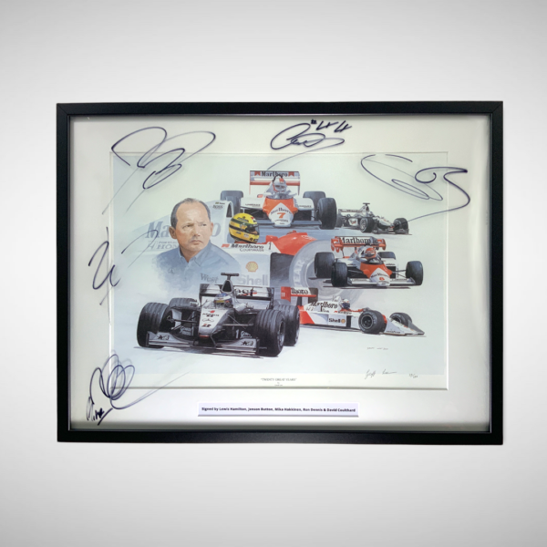 McLaren F1 Picture Signed by Hamilton, Häkkinen, Button, Coulthard & Ron Dennis