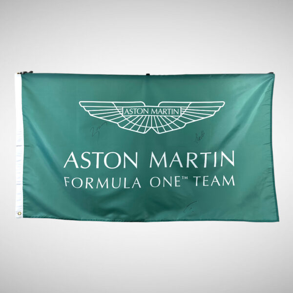 Aston Martin Flag Signed by Sebastian Vettel Lance Stroll & Nico Hulkenberg