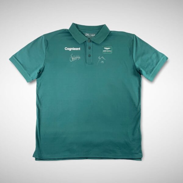 Aston Martin 2021 Team Polo Shirt Signed by Sebastian Vettel & Lance Stroll