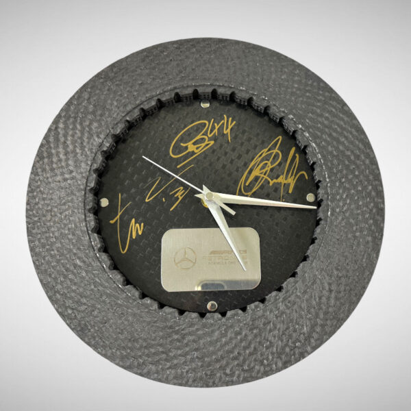 Mercedes AMG Petronas Race Used Disc Clock Signed by Lewis George Valtteri & Toto